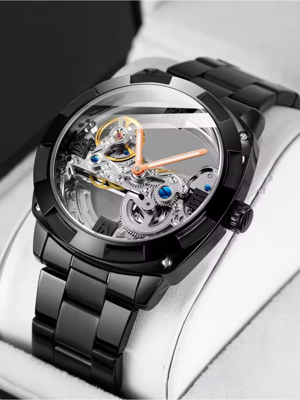 Men's Black Skeleton Dial Mechanical Watch with Rose-Gold Hands